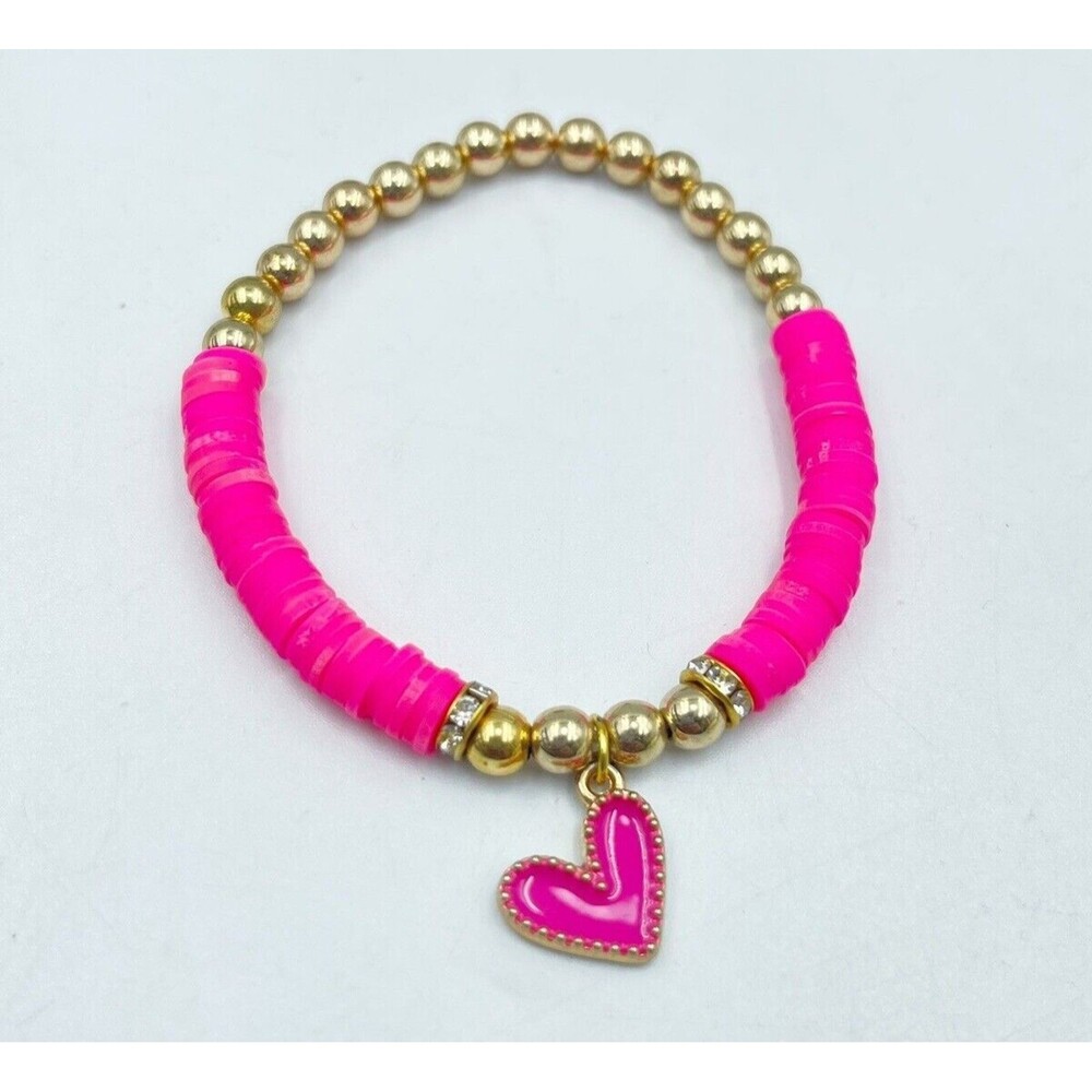 New Women’s & Girls Flat Beads Pink Bracelet With Metal Gold Color Beads White - Picture 2 of 7